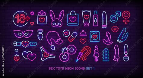 Sex Toys Shop Items And Icons In Neon Light Style Adult Store Logo With Bdsm Roleplay Icon Set