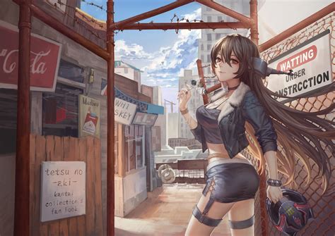 Anthropomorphism Breasts Brown Hair Building Choker Cleavage Garter Garter Belt Jpeg Artifacts