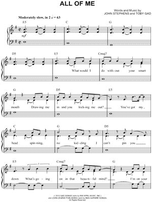 Eb (play section two times). John Legend "All of Me" Sheet Music (Easy Piano ...