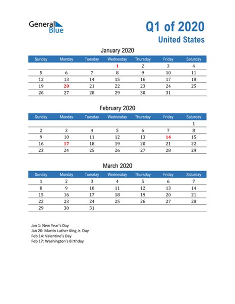 Q1 2020 Quarterly Calendar With United States Holidays