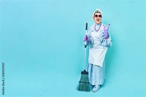 Cleaning Lady Fun Elderly Funky Housewife Fooling Around With A Broom