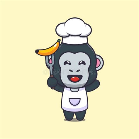 Cute Chef Gorilla Mascot Cartoon Character Holding Banana Stock Vector