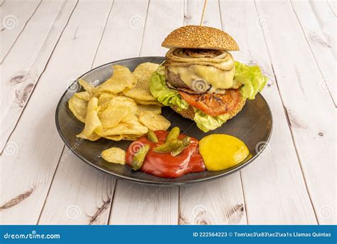 Beef Burger With Fried Onion With Tomato Lettuce Melted Cheese