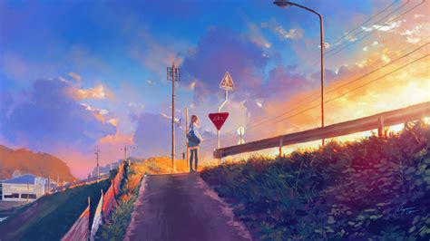 Download Wallpaper 1366x768 Sunset Pathway Anime Girl Original