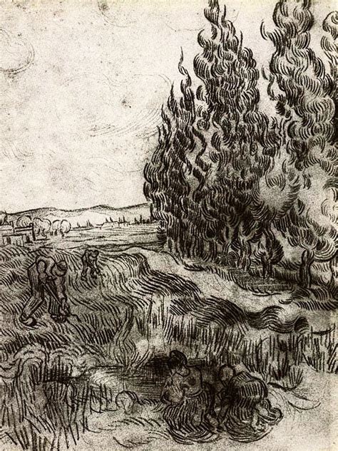 Cypresses With Four People Working In The Field Vincent Van Gogh