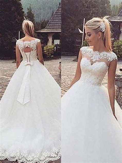 Ball Gown Sleeveless Bateau Lace Tulle Court Train Wedding Dresses Hebeos