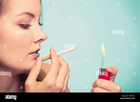 Pretty Girl Smoking Cigarette Using Lighter Addicted Nicotine Problems