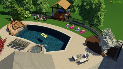 this landscape design includes rear hardscape around pool fire pit plantings and pergola