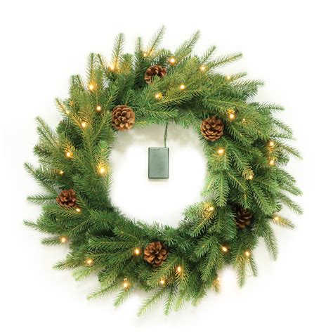 Pre Lit Greenery Pine Cone Christmas Wreath With Warm White LED Light