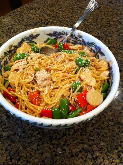 Using a slotted spoon, remove the chicken from the poaching water i nvr used hot sauce. Asian Cold Pasta Salad made with 3/4 lb. spaghetti cooked in chicken broth/water combo,1 cup ...