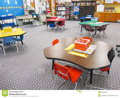 Set includes table and two chairs. Kindergarten classroom stock photo. Image of preschool ...