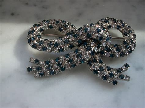Vintage Alice Caviness Blue And Clear Rhinestone Bow Brooch Etsy