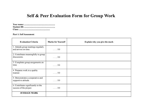 Self Peer Group Assessment Form Self And Peer Evaluation Form For Group