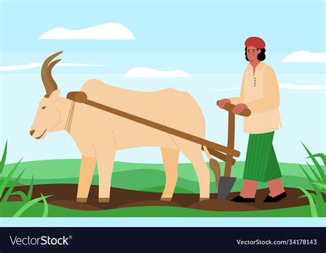 An Indian Farmer Plowing Royalty Free Vector Image