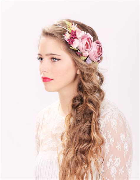 Bridal Flower Hair Crown Woodland Wedding Pink Flower Etsy Flowers In Hair Bridal Hair