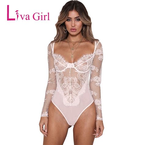 Liva Girl White Mesh Lace Transparent Bodycon Bodysuit Women Sexy See