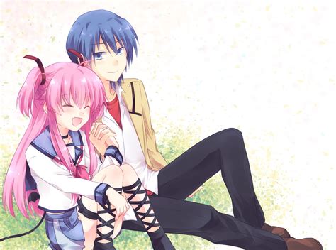 angel beats blue eyes blue hair blush fang hinata hideki kneehighs kousetsu long hair pink hair