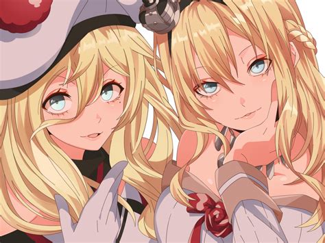 Safebooru 2girls Beret Blonde Hair Blue Eyes Braid Close Up Commentary Request Crown Dress