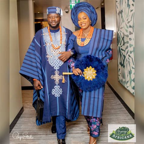 African Couples Traditional Wedding Outfit Aso Oke Blouseiro Wrapperipele And Gele For