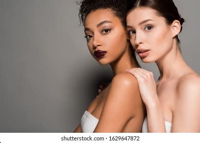 Portrait Naked Multicultural Women Perfect Skin Stock Photo