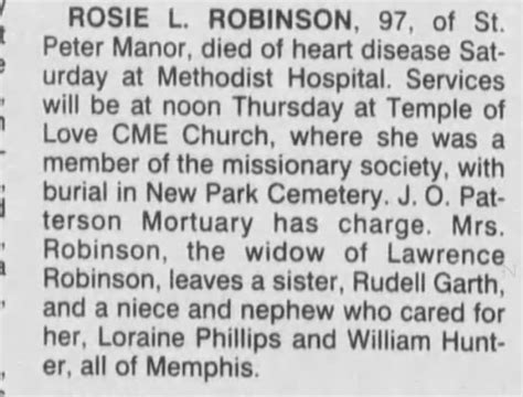 Rosie L Robinson Obit In Memphis Commercial Appeal July 2 1997