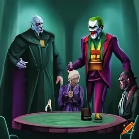 Villains Arguing At A Round Table Featuring The Joker Darth Vader