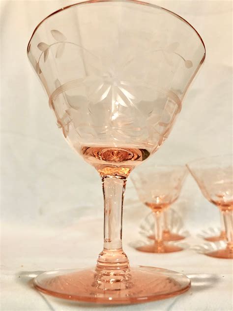 Vintage Blush Pink Depression Glass Wine Cocktail Glasses Set Of Nine With Etched Floral Pattern