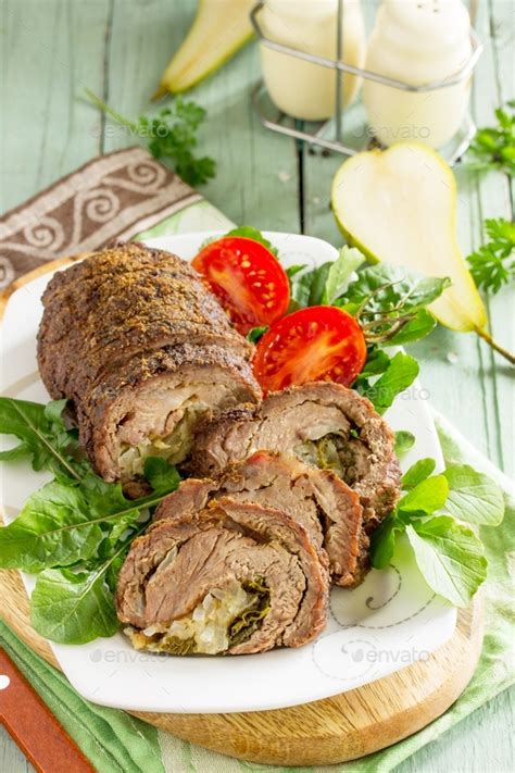 Stuffed Meat Roll With Pear And Cheese On A Festive Thanksgiving Day