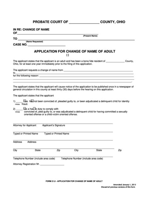 Fillable Application For Change Of Name Of Adult Ohio Probate Court