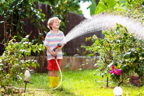 Boy Watering Flower In Garden Kid With Water Hose Stock Image Image