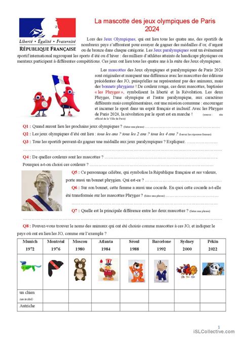 Les Mascottes Des Jo De Paris P Fran Ais Fle Fiches Pedagogiques