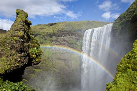 Rainbow Over Waterfall Skogafoss Iceland Stock Image Image Of