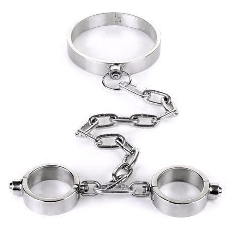 Lockable Neck Hand Bondage Cuffs Stainless Steel Metal Restraints Sex