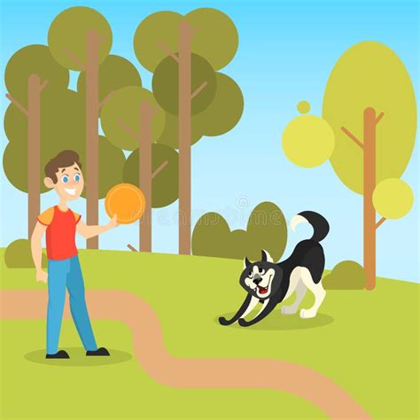 Boy Playing With His Pet Dog In The Park Stock Vector Illustration Of