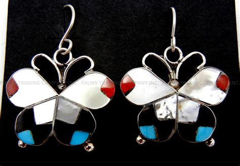 Zuni Multi Stone Inlay And Sterling Silver Butterfly Dangle Earrings