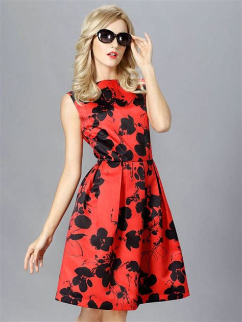 Red Floral Print V Back Ruched Skater Dress Womens Printed Dresses