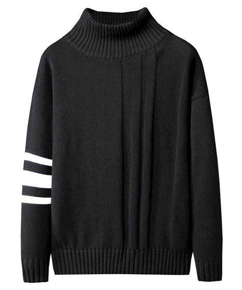Black White Stripe High Neck Long Sleeve Sweater Mens Sweaters