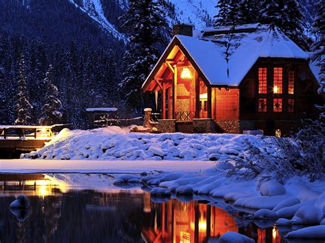 雪，晚上，小屋，翡翠湖，優鶴國家公園，加拿大 電腦桌布 1024x768 桌布下載