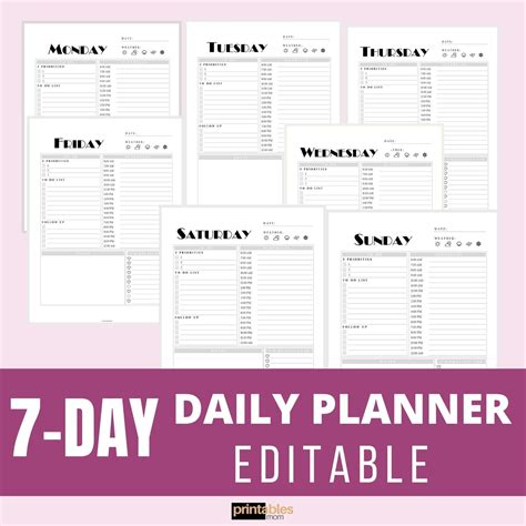 Printable Daily Planner 7 Day Planner 365 Day Planner Digital Etsy