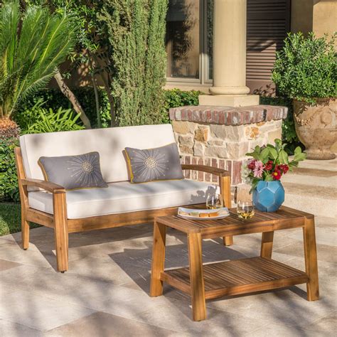 Grenada Outdoor 2 Piece Acacia Wood Loveseat And Coffee Table Set With
