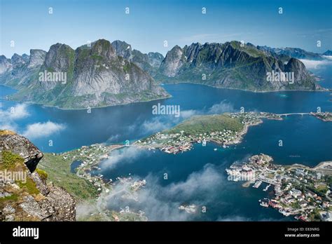 Aerial View Over The Village Of Reine And Fjords And Mountains In The