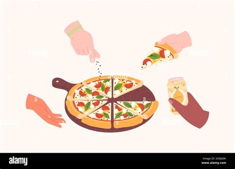 Friends Eating Pizza Together Meeting With Friend Hands Hold Pizza