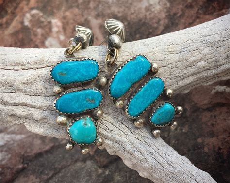 Three Stone Blue Turquoise Dangle Earrings For Women Vintage Navajo