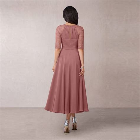 Dusty Rose Tea Length Mother Of The Bride Dresses Chiffon Lace Half