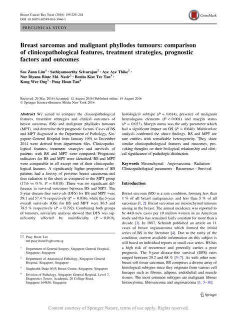 Breast Sarcomas And Malignant Phyllodes Tumours Comparison Of