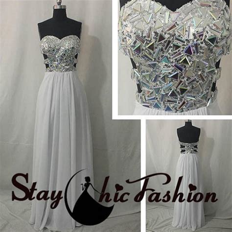 2015 Sexy Cutout Sides White Rhinestones Beaded Top Long Strapless Prom Dress Womens White