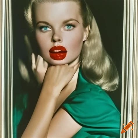 Slender Blonde Woman Tan Skin Emerald Green Dress Red Lipstick 1950s Movie Star On Craiyon