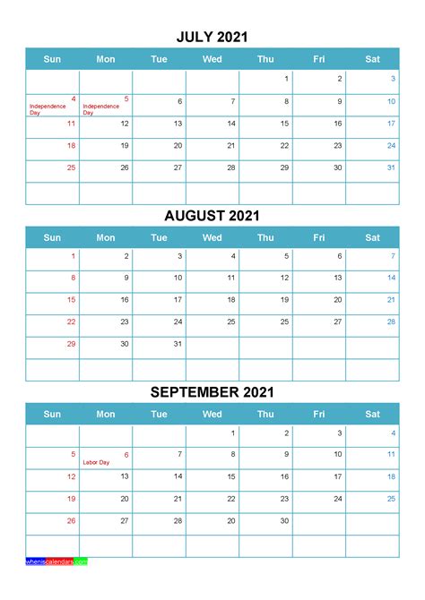 Printable July August September 2021 Calendar Word Pdf