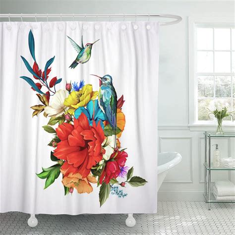 Hummingbird shower curtain, art with purple hibiscus flowers nostalgia retro classical design watercolor painting fabric bathroom decor set with hooks 72x72 inches. PKNMT Bouquet of Flowers Roses Poppy Cornflowers and Two ...