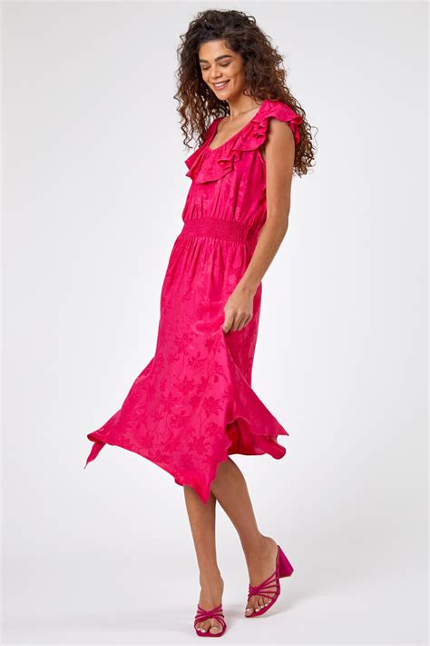 Shirred Waist Ruffle Midi Dress In Pink Roman Originals Uk